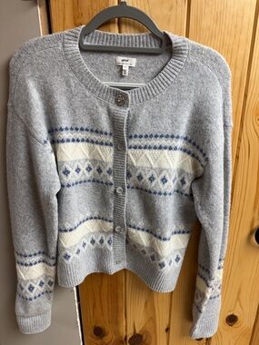 Soft Grey Fair Isle Button-Front Sweater Cardigan
